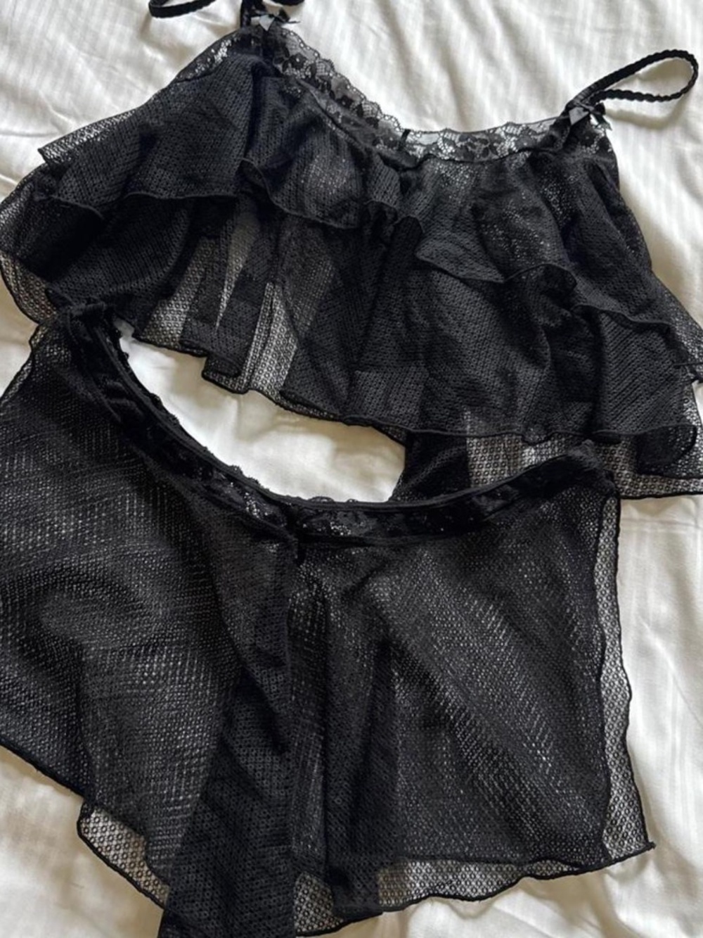 Savage X Fenty Black Sheer Mesh Ruffle Cami & Tap Shorts Lingerie Set